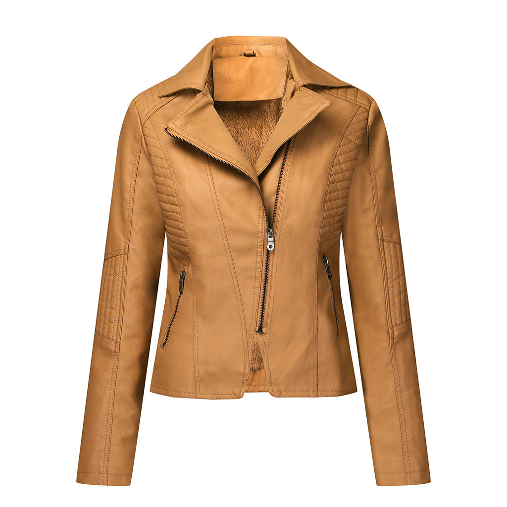 Classic Women's Leather Biker Jacket Oblique Zipper Jacket - Turmeric - Leather & Suede - Carvan Mart