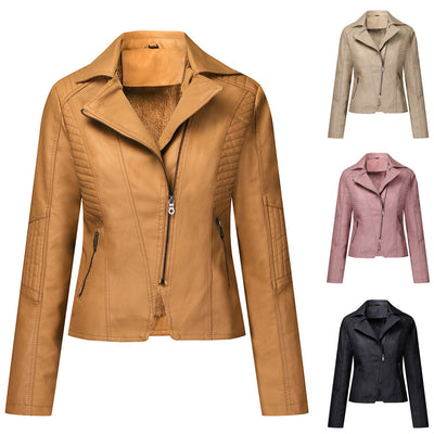 Classic Women's Leather Biker Jacket Oblique Zipper Jacket - 