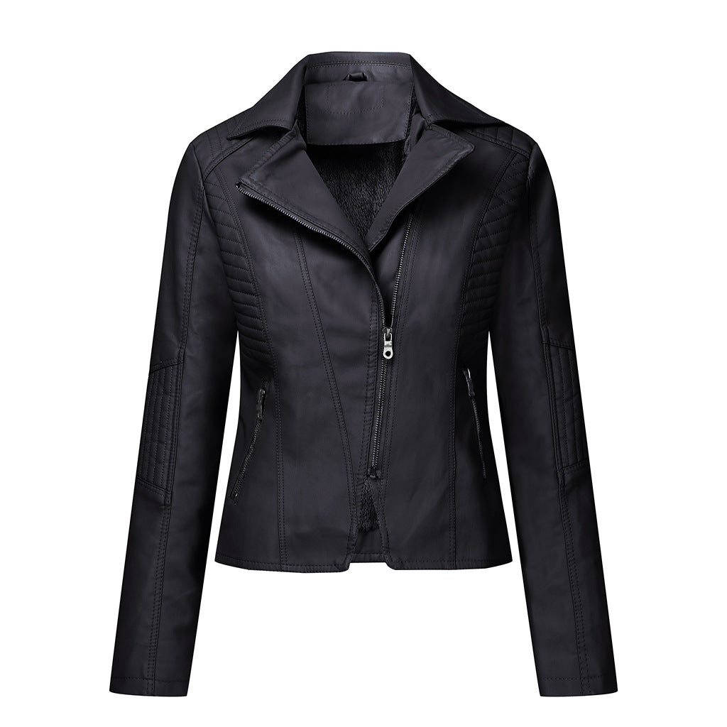 Classic Women's Leather Biker Jacket Oblique Zipper Jacket - Carvan Mart