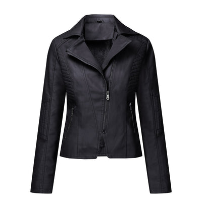 Classic Women's Leather Biker Jacket Oblique Zipper Jacket - Black - Leather & Suede - Carvan Mart