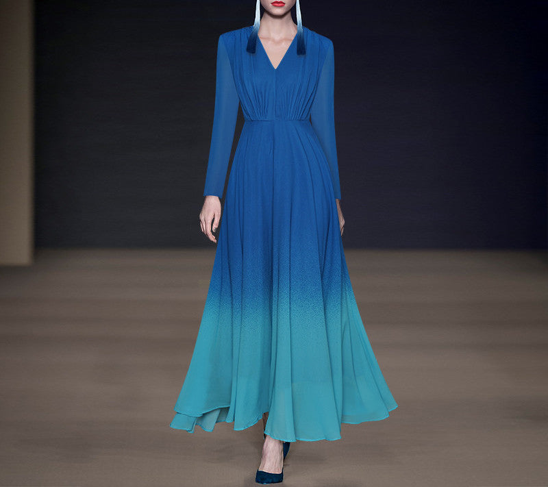 Elegant Ombre Maxi Dress - Long Sleeve Evening Gown in Gradient Blue - Blue - Cocktail Dresses - Carvan Mart