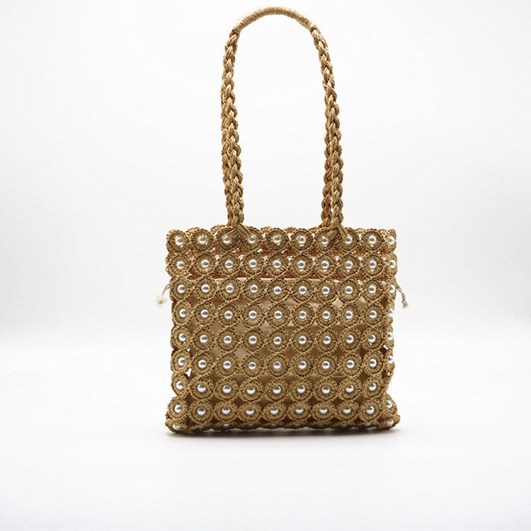 Artisan Handwoven Rattan Handbag Pearl-Embellished Bag - Carvan Mart