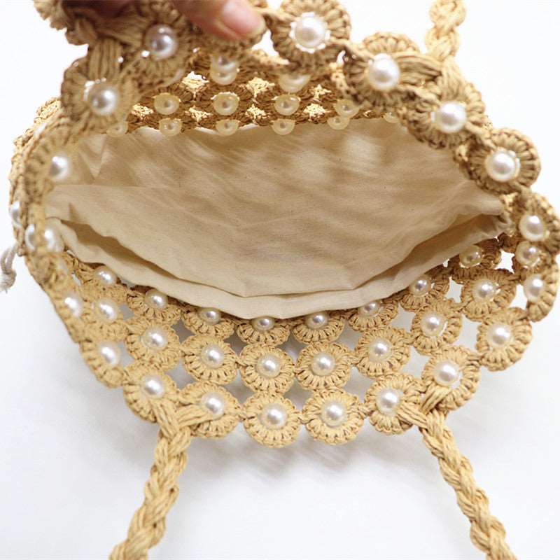 Artisan Handwoven Rattan Handbag Pearl-Embellished Bag - Carvan Mart