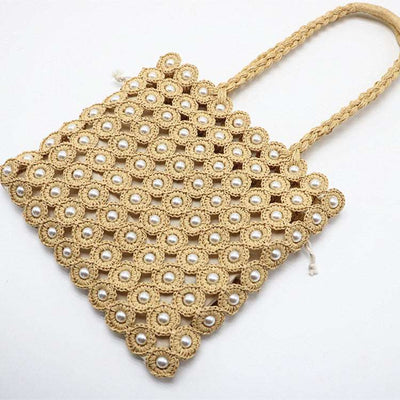 Artisan Handwoven Rattan Handbag Pearl-Embellished Bag - Carvan Mart