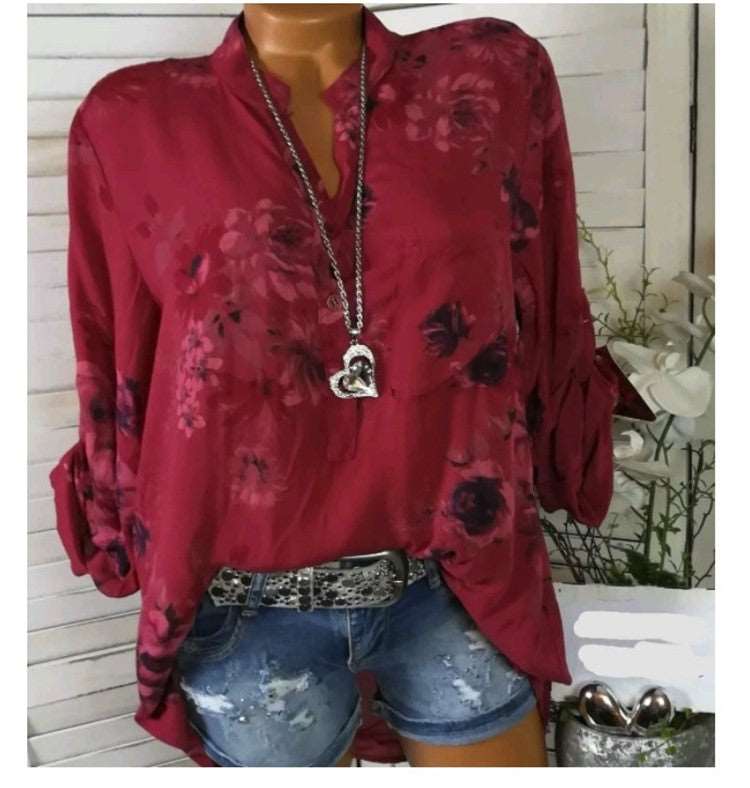 Women's Chiffon Long Sleeve Print Stand Collar Button Shirt - Red - Winter Tops - Carvan Mart