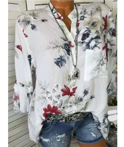 Women's Chiffon Long Sleeve Print Stand Collar Button Shirt - Carvan Mart