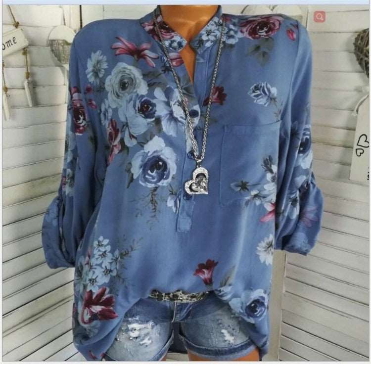 Women's Chiffon Long Sleeve Print Stand Collar Button Shirt - Carvan Mart