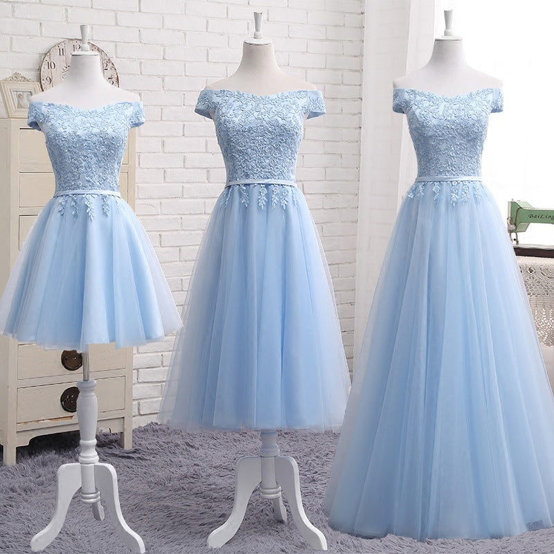 Long Blue Bridesmaid Sisters Dress One-shoulder Evening Dress - Carvan Mart