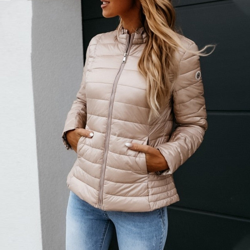 Women's Lightweight Puffer Jacket – Stylish Warm Winter Coat with Zip-Up Front - Beige - Women's Coats & Jackets - Carvan Mart