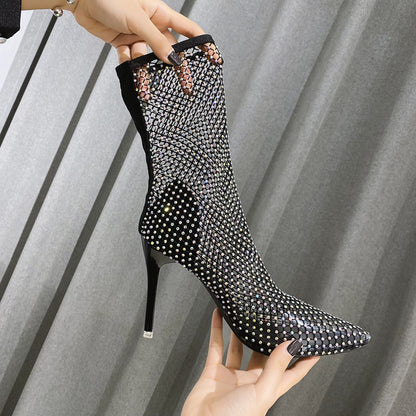 European And American Black Stiletto Pointed Toe Sexy Hollow Mesh Fishnet Socks High-Heeled Sandals - Carvan Mart Ltd