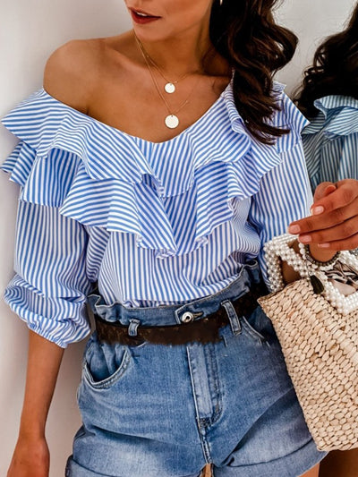 Women's Short Sleeve Layered Ruffle Blouse - Blue - Winter Tops - Carvan Mart