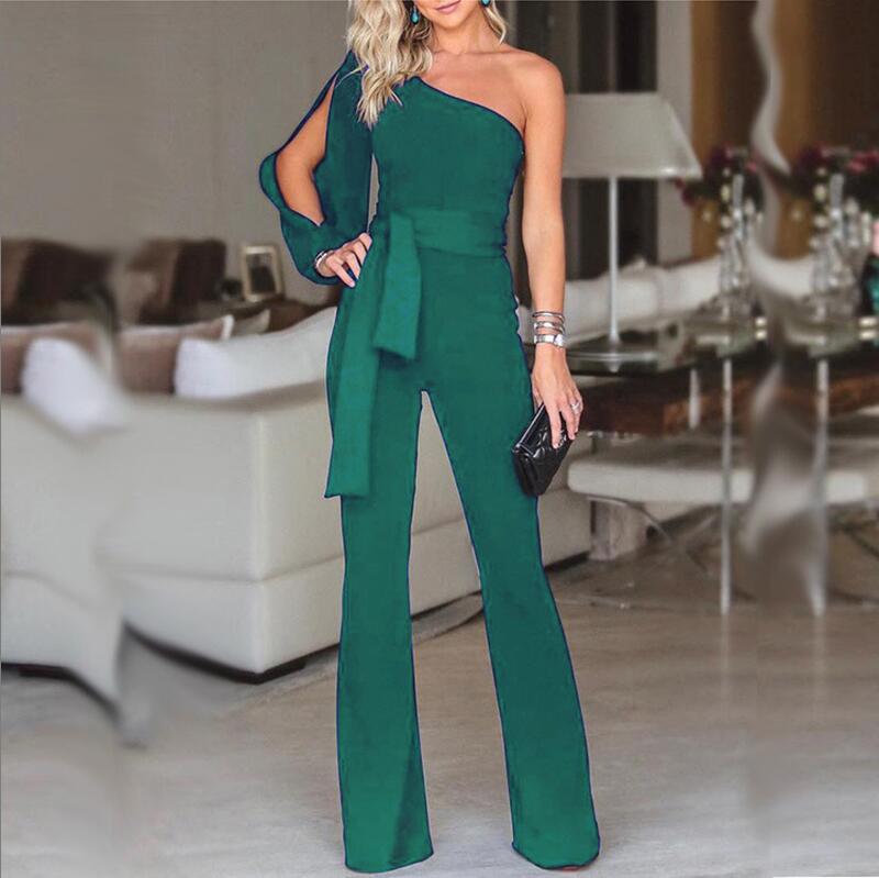 Ladies High Waist Slim Ruched Sleeve Formal Jumpsuit - Green - Jumpsuits & Rompers - Carvan Mart