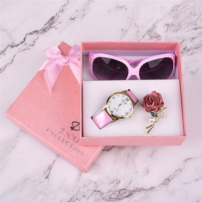 Women Watches Leather Quartz Wristwatch Sunglasses Corsage 3 Pcs Girl Christmas Gift New Year Gift Ladies Gift Box - Carvan Mart