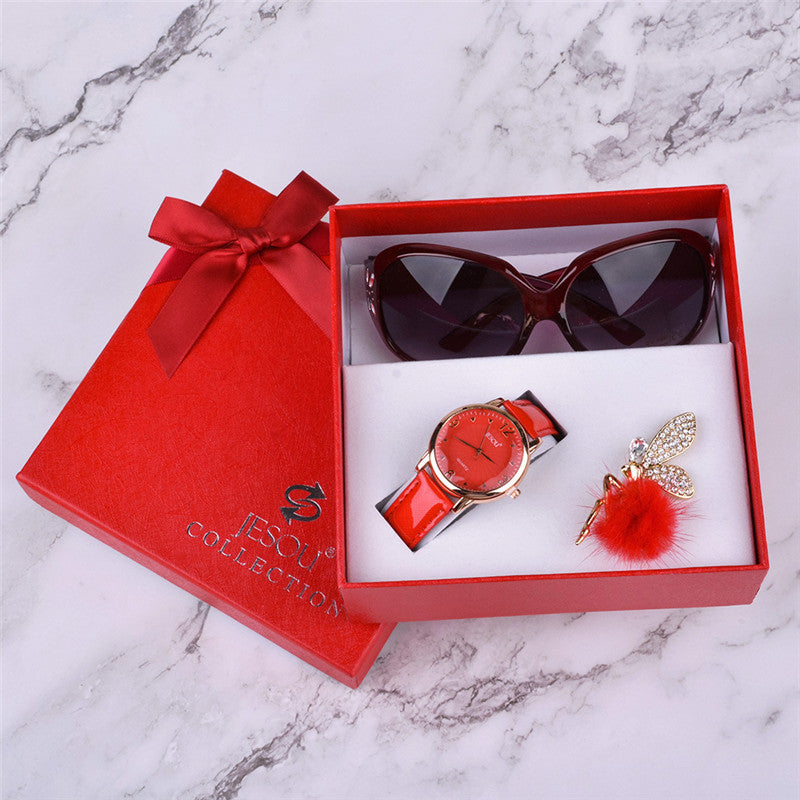 Women Watches Leather Quartz Wristwatch Sunglasses Corsage 3 Pcs Girl Christmas Gift New Year Gift Ladies Gift Box - Red - Women's Sunglasses - Carvan Mart