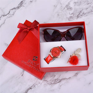 Women Watches Leather Quartz Wristwatch Sunglasses Corsage 3 Pcs Girl Christmas Gift New Year Gift Ladies Gift Box - Carvan Mart