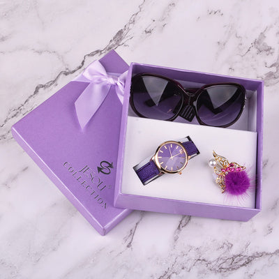 Women Watches Leather Quartz Wristwatch Sunglasses Corsage 3 Pcs Girl Christmas Gift New Year Gift Ladies Gift Box - Carvan Mart