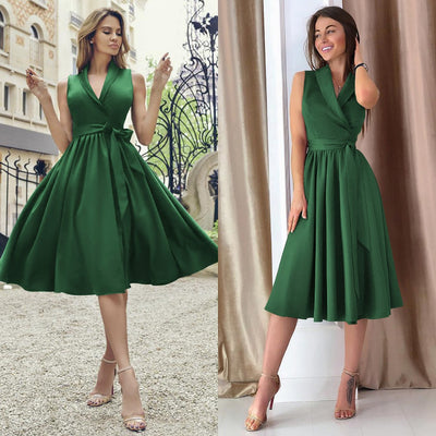 Elegant Sleeveless Midi Dress for Women – Stylish Wrap Dress with Lace for Street Style - Green - Dresses - Carvan Mart