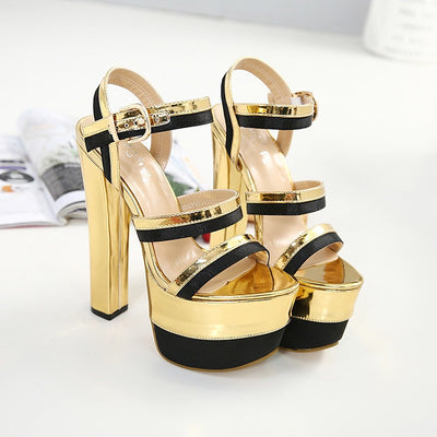 Gold Platform Block Heel Sandals with Strappy Design for Women - Carvan Mart