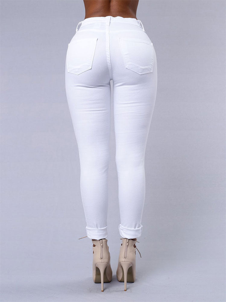 Womens Casual Hole Jeans High Waist Skinny Pant Denim Jeans - Carvan Mart