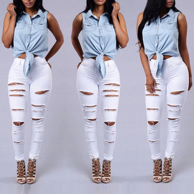 Women's Casual Hole Jeans High Waist Skinny Denim Pants - Stylish Pencil Pants - - Women's Jeans - Carvan Mart