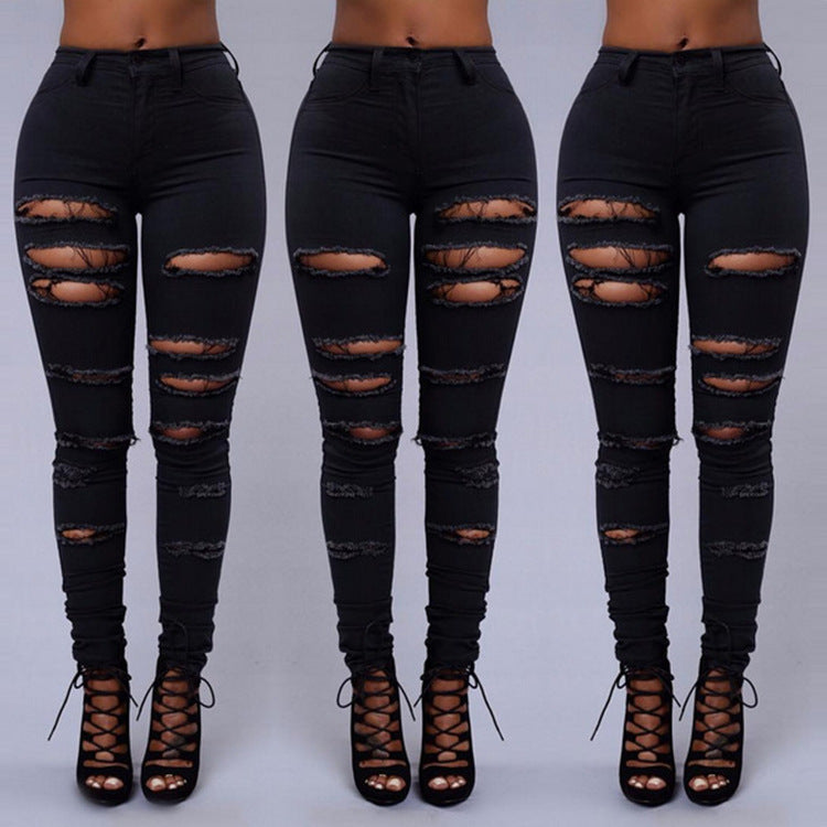 Women's Casual Hole Jeans High Waist Skinny Denim Pants - Stylish Pencil Pants - Black - Women's Jeans - Carvan Mart