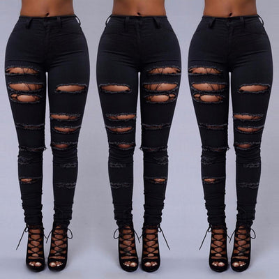 Women's Casual Hole Jeans High Waist Skinny Denim Pants - Stylish Pencil Pants - Black - Women's Jeans - Carvan Mart