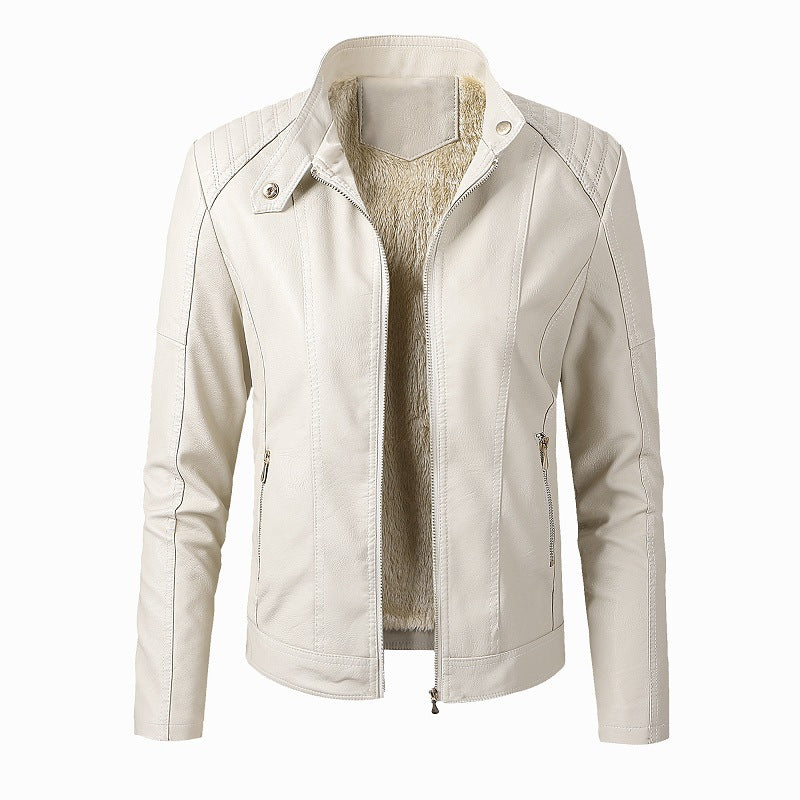 Classic Women's Leather Biker Jacket Plus Velvet Jacket - Beige - Leather & Suede - Carvan Mart