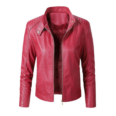 Classic Women's Leather Biker Jacket Plus Velvet Jacket - Red - Leather & Suede - Carvan Mart