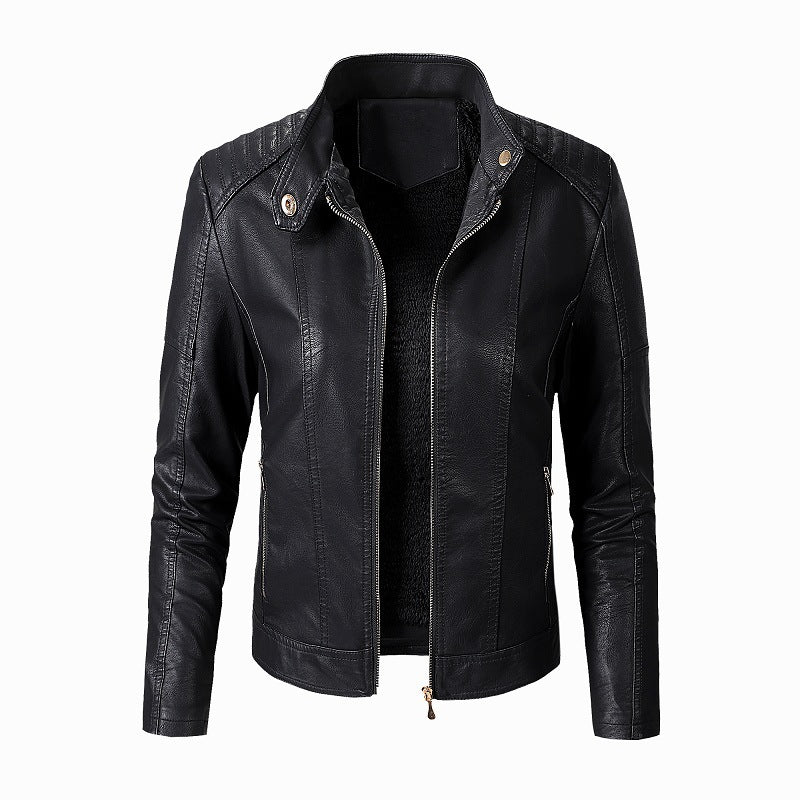 Classic Women's Leather Biker Jacket Plus Velvet Jacket - Black - Leather & Suede - Carvan Mart