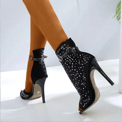 Sandals Fish Mouth Super High Heel Buckle Strap Rhinestone Sandals - - High Heels - Carvan Mart