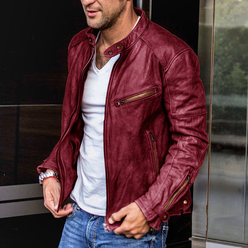 Punk Mens Motorcycle Leather Jacket - Red wine - Genuine Leather - Carvan Mart