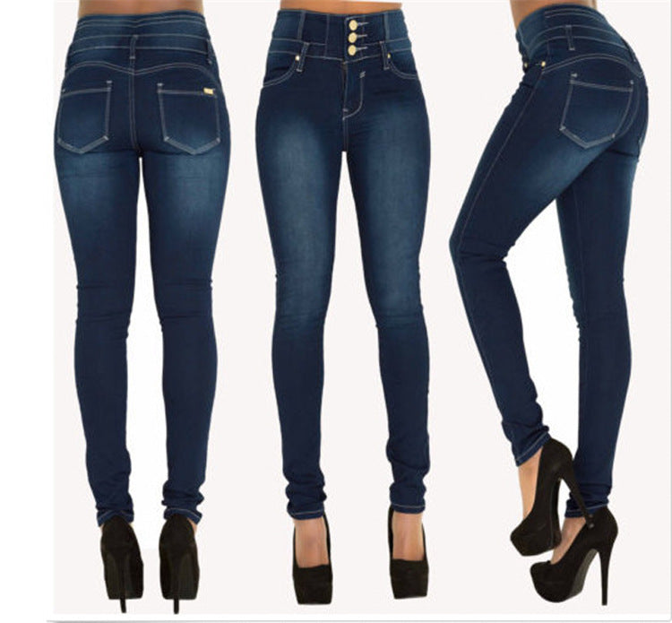 High Waist Elastic Pencil Jeans for Women - Fashionable and Comfortable Denim Trousers - Navy Blue - Women's Jeans - Carvan Mart