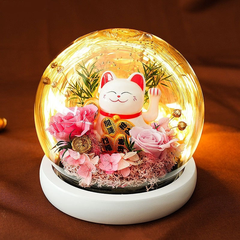 Preserved Flower Glass Cover Carnation Lucky Cat Decoration - Pink USB - Gift - Carvan Mart