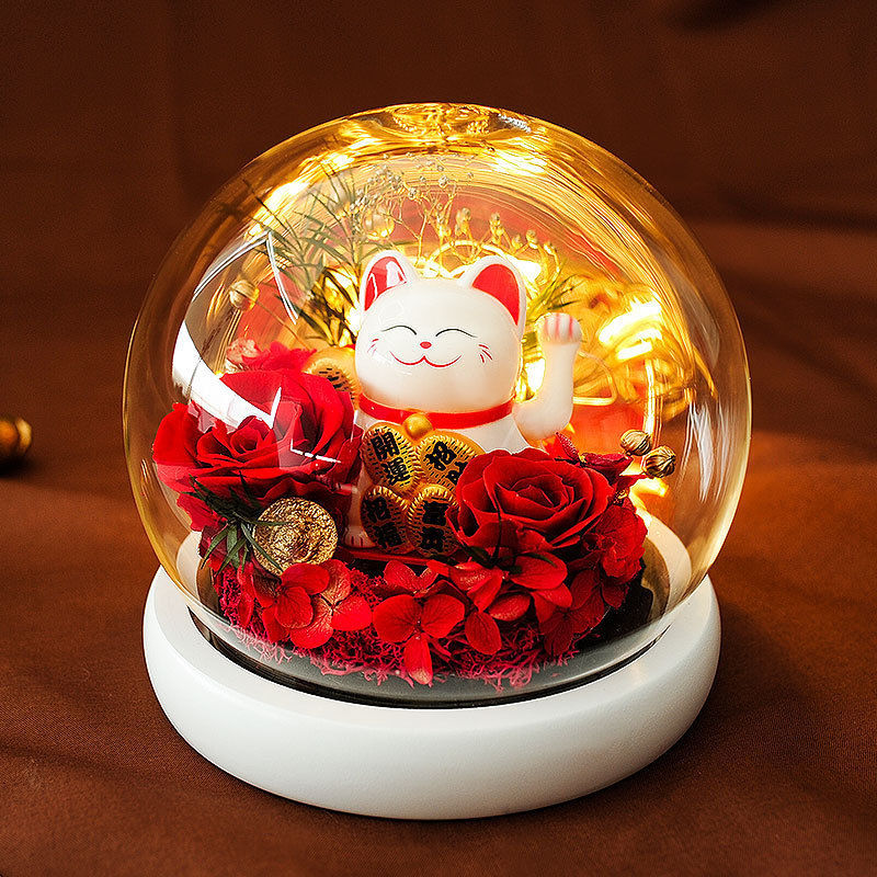 Preserved Flower Glass Cover Carnation Lucky Cat Decoration - Red wine USB - Gift - Carvan Mart