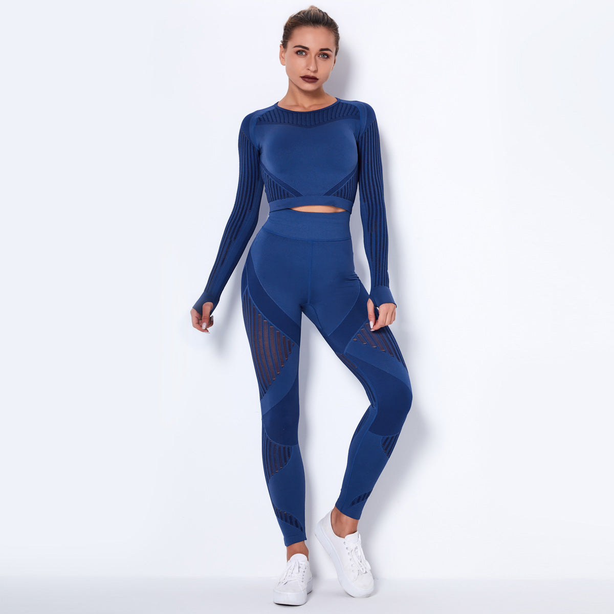 High-Waisted Seamless Mesh Leggings and Crop Top Set for Women - Breathable Yoga and Fitness Outfit - Navy Blue - Active Attire - Carvan Mart