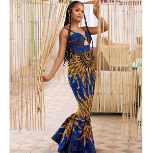 Fishtail Sling Party Dress - Sexy Digital Print Long Skirt for Special Occasions - Blue - Prom Dresses - Carvan Mart