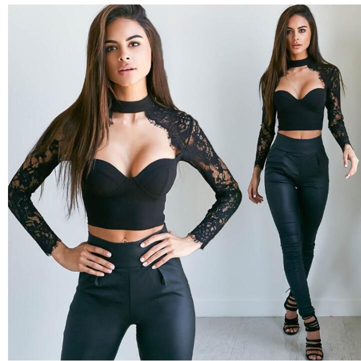 Women's Casual Lace Tops Fashion Patchwork See-Through Crop Tops - Black - Winter Tops - Carvan Mart