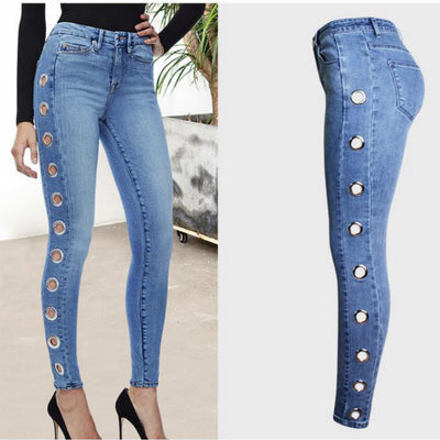 Stylish Fashion Tight Hoop Jeans for Women - Blue Denim Pencil Pants - Blue - Women's Jeans - Carvan Mart
