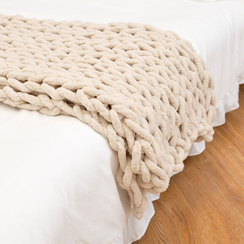 Handmade Coarse Yarn Knitted Chenille Rod Knitted Yarn Sofa Cover Blanket - off white - Bedding Sets - Carvan Mart