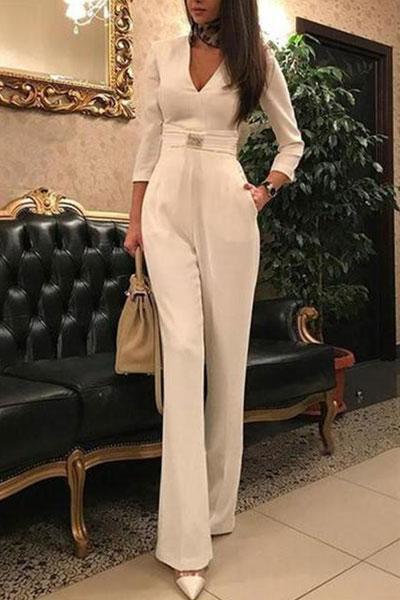 Women's Jumpsuit Deep V-neck Split Sleeve Jumpsuit - White - Jumpsuits & Rompers - Carvan Mart