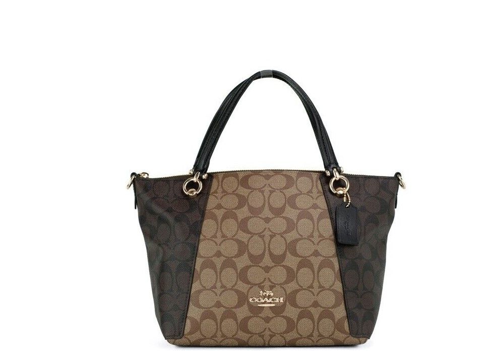 COACH Kacey Khaki Brown Blocked Signature Canvas Top Zip Satchel Handbag - - - COACH