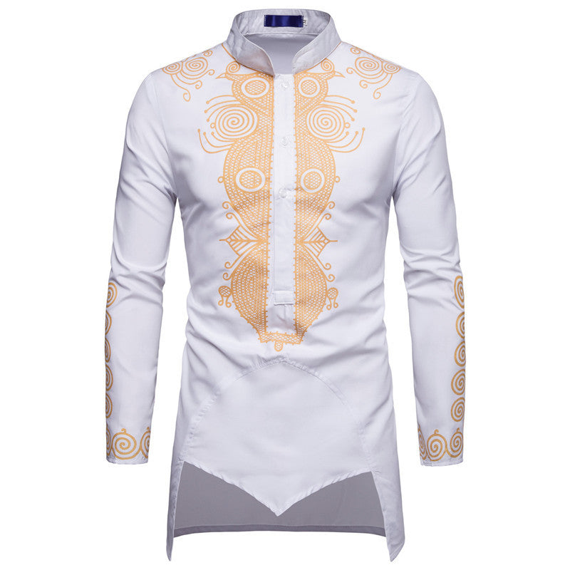 Men's African Print Dashiki Shirt - Long Sleeve Traditional Design, Stand-Up Collar Kurta - White - Men's Shirts - Carvan Mart