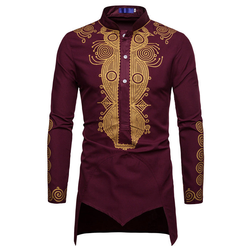 Men's African Print Dashiki Shirt - Long Sleeve Traditional Design, Stand-Up Collar Kurta - Red wine - Men's Shirts - Carvan Mart