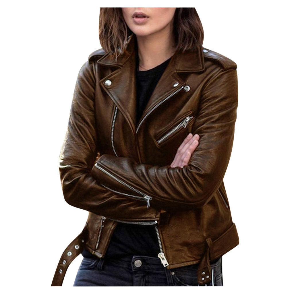 Stylish Women's Zipper Leather Jacket - Brown - Leather & Suede - Carvan Mart