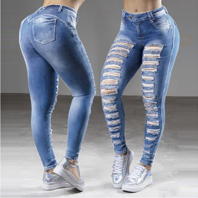 High Waist Ripped Skinny Jeans for Women - Plus Size Distressed Denim Pants - Light blue - Women's Jeans - Carvan Mart