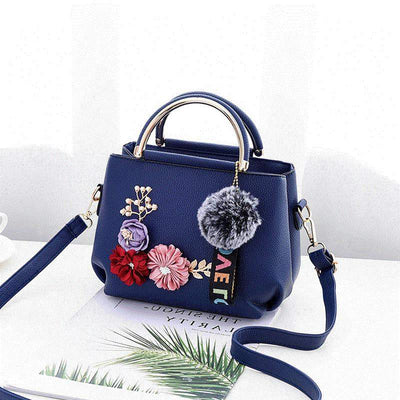 Chic Floral Embellished Handbag - Trendy Women's Shoulder Bag with Gold Handles - Royal Blue - Shoulder Bags - Carvan Mart