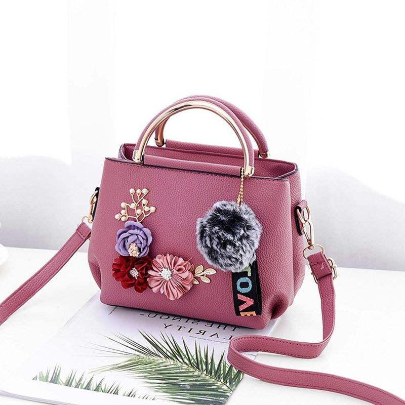 Chic Floral Embellished Handbag - Trendy Women's Shoulder Bag with Gold Handles - Pink - Shoulder Bags - Carvan Mart