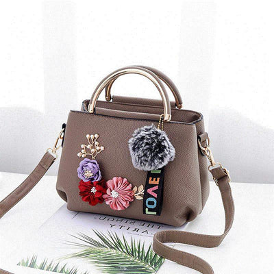 Chic Floral Embellished Handbag - Trendy Women's Shoulder Bag with Gold Handles - Khaki - Shoulder Bags - Carvan Mart