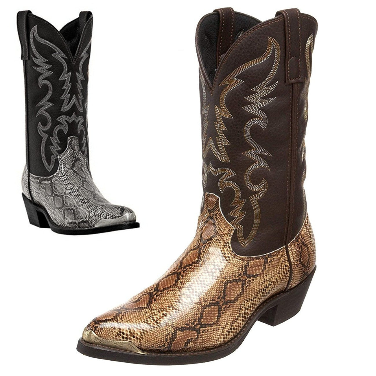 High-Heeled Iron Head Cowboy Boots Couples Crocs Snake Print Boots - Carvan Mart