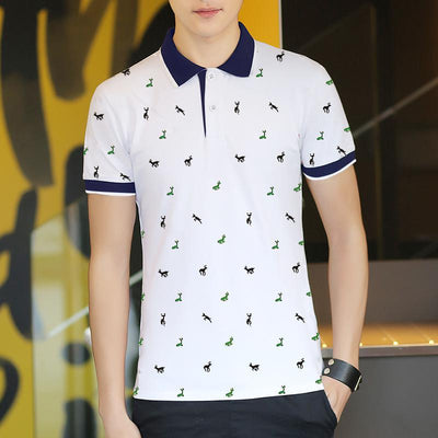 Short Sleeve T-shirt Men''s One Summer Men''s Thin Polo Shirt Fawn Print Lapel T-Shirt Large - White - Men's Shirts - Carvan Mart